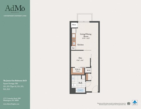 Floor plan for 1 bed, 1 bath, 500 sqft